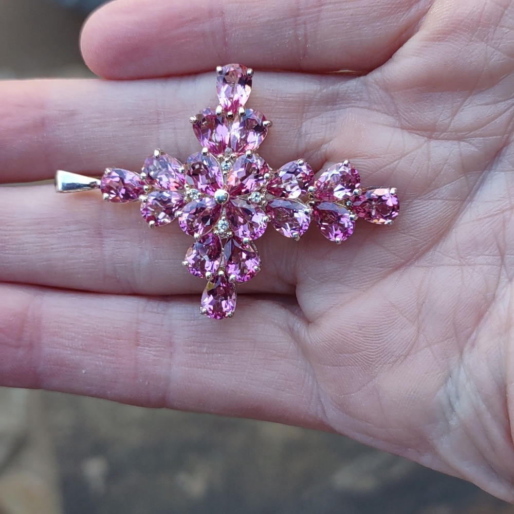 Pink Topaz Gemstone Cross Pendant Sterling Silver - Picture 5 of 6